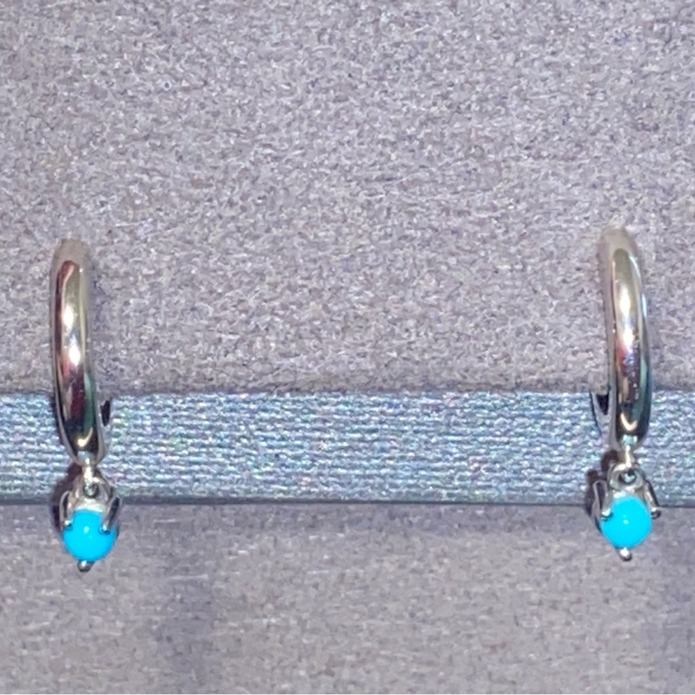 BABYGOLD 14K White Gold Turquoise Charm Huggies Earrings